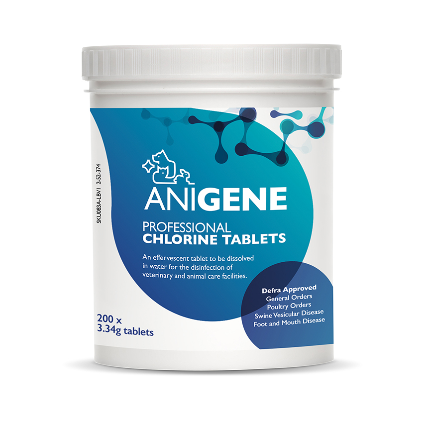 A tub of ANIGENE Professional Chlorine Tablets, on a white background. The tub is well lit and looks professional and clinical.